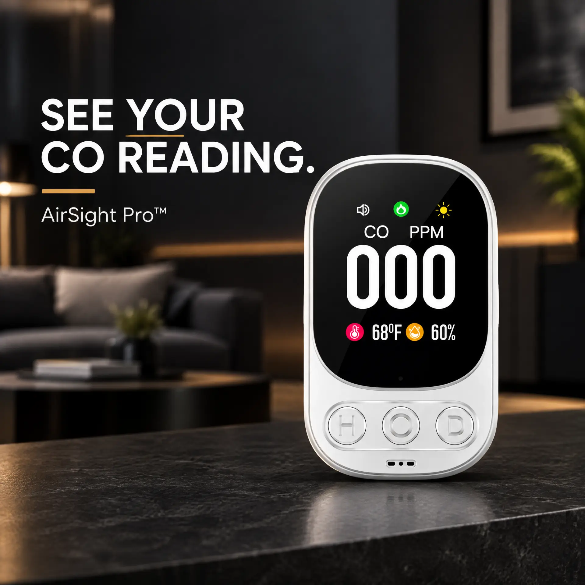 AirSight Pro™ carbon monoxide monitor showing a live CO reading